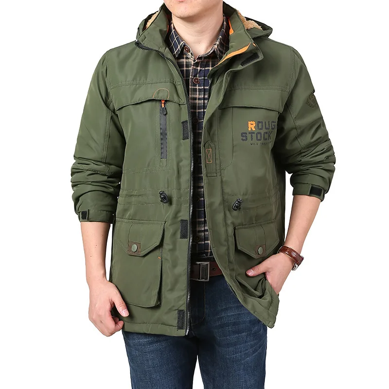 Jaket Pria Ukuran Besar Kasual Berbahan Fleece Tebal untuk Musim Gugur dan Musim Dingin, Jaket Katun Outdoor Pria Ukuran Sedang dan Panjang
