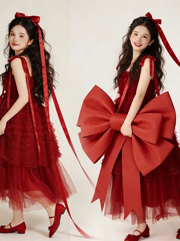 

Red Tulle Dress Christmas New Year Cake Skirt Big Bow Puffy Dress Festive Costume Photography Outfit Spring 2026 Women's Fashion