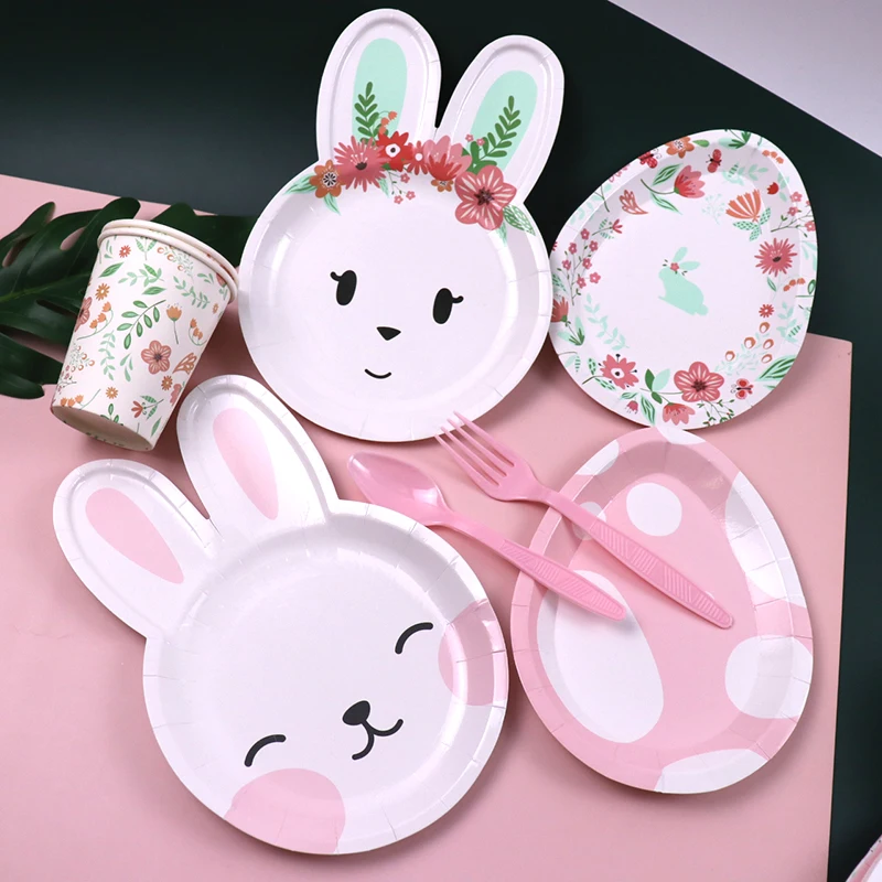 8pcs Easter Bunny Egg Paper Plates Rabbit Ear Shape Cups Happy Easter Party Tableware Birthday Party Baby Shower Decor Supplies