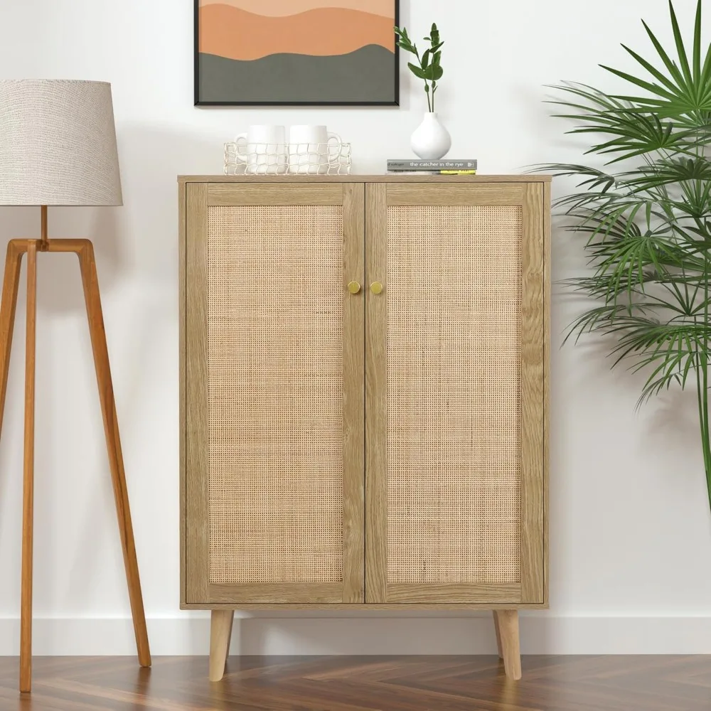 Rattan Tall Storage Cabinet, 44 Entryway Shoe Cabinet with Crafted Front and Adjustable Shelves, 2-Door Accent Wood Furniture
