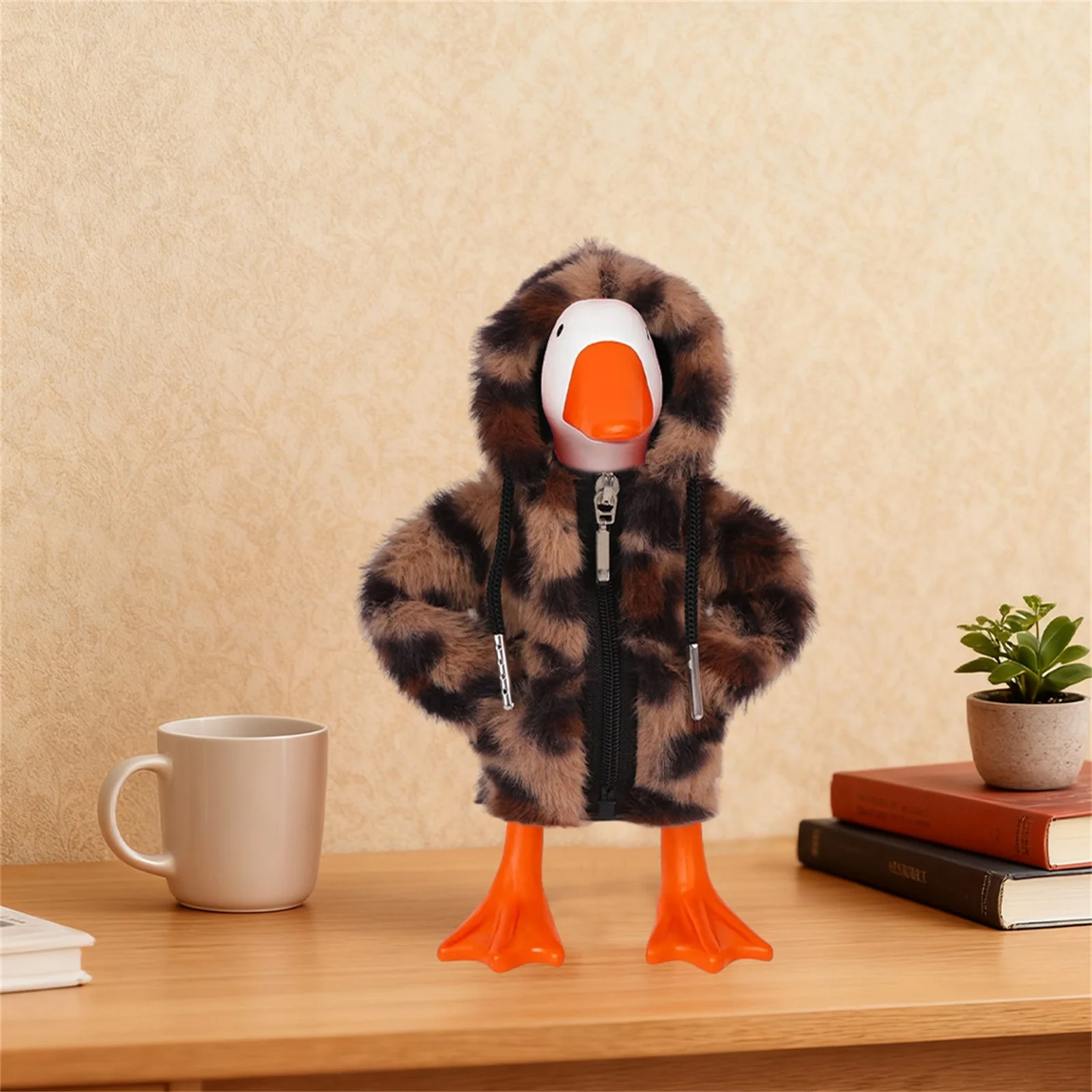 Weihnachten Winter Plüsch Kleidung Puppen sehen echt aus Tischplatte Gans Hoodie Kleidung Tischplatte Gans Statue Reißverschluss Leopardenmuster Bekleidung