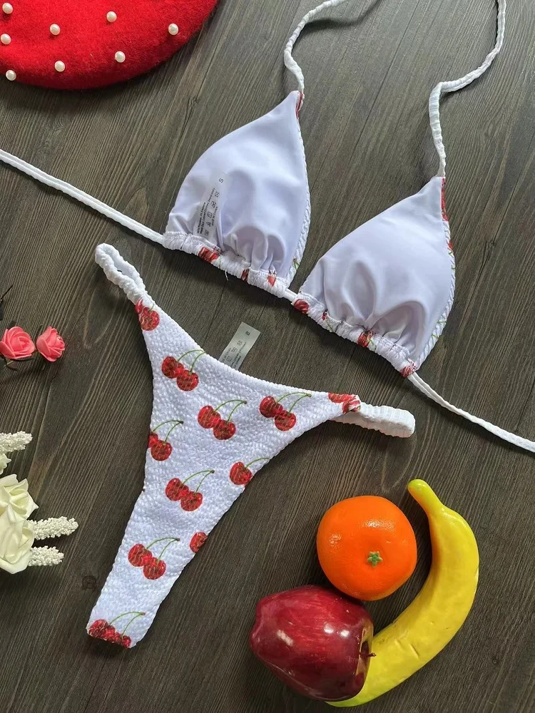 2024 brezilyalı bikini kadın takım elbise, plaj moda, seksi tanga mayo, sevimli kiraz baskı