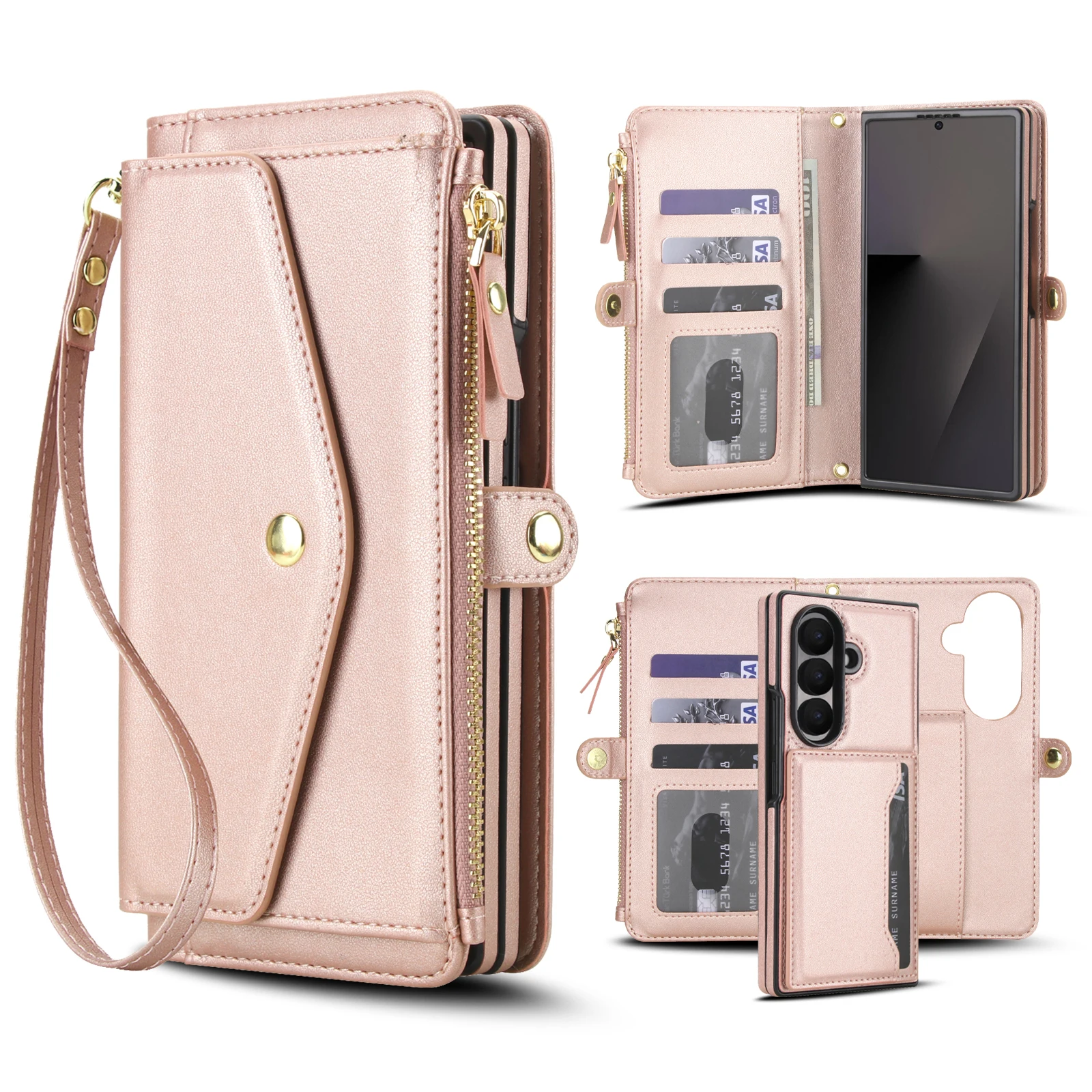 Fashion Crossbody Leather Phone Case for Samsung Z Fold 7 6 5 Multi-functional All-in-One Card Holder Shockproof Portable Cover
