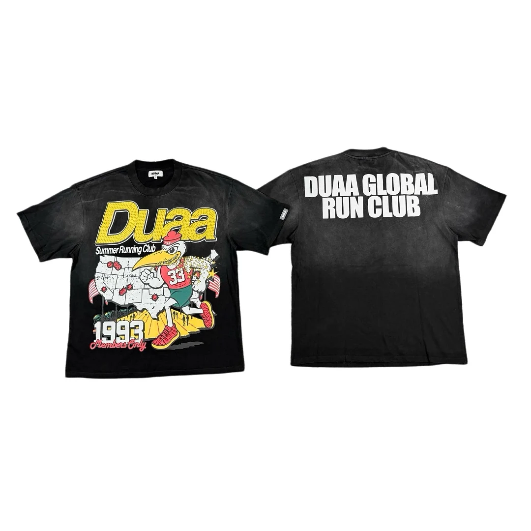 

2026 Top Grade DUAA USA Summer Running Club Printed Women Men T shirts tees Diamonds Patched Streetwear Men Distressed T shirt