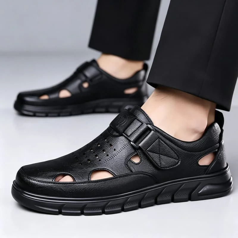 Yancloud Men Hollow Out Leather Sandals Magic Tape Soft Sole Breathable Casual Dad Sandals New Outdoor Walking Shoes