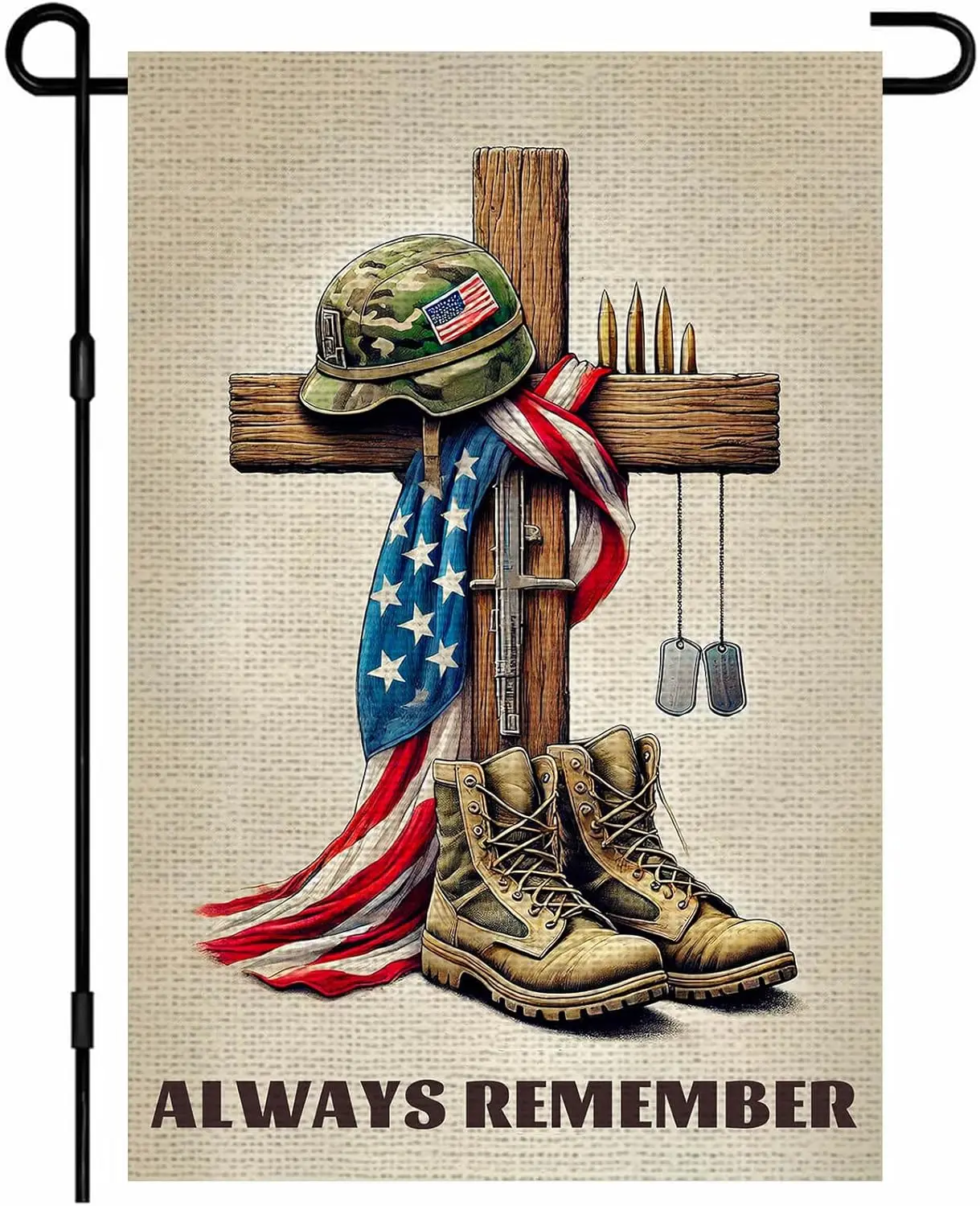 IVN Memorial Garden Flag 12x18 Inch – Military Cross Boots American Flag “Always Remember” Double Sided Burlap Outdoor Flag  ZZM