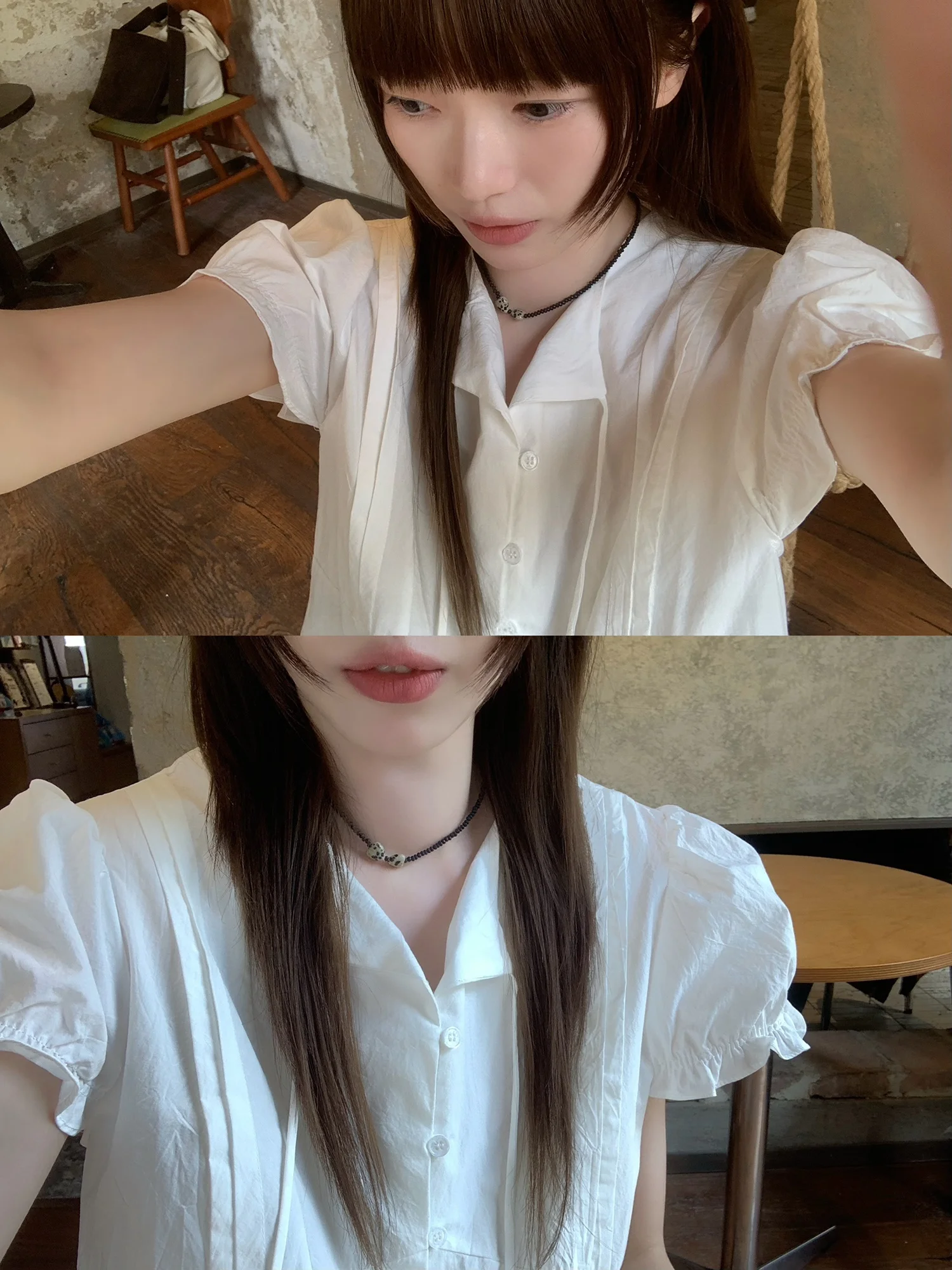 

Sinbounboun French Style Cotton Bubble Sleeve Shirt V-Neck Bowtie Small Collar Lace Short Sleeve Women's Summer Breathable