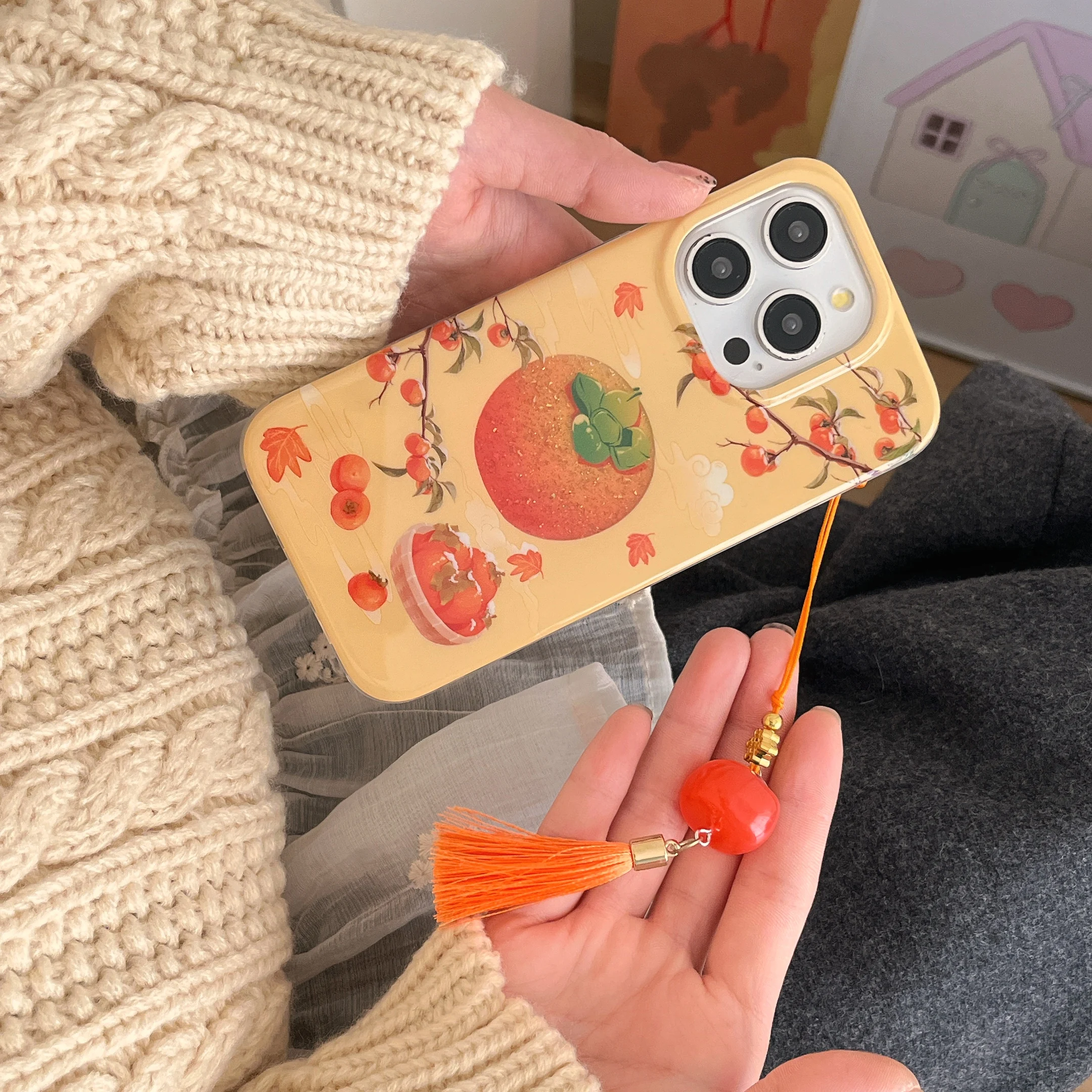 Chinese Style Simple Full Screen Shining Powder Persimmon Pendant Phone Case for iPhone 16 15 14 13 Pro MaxBack Cover Funda