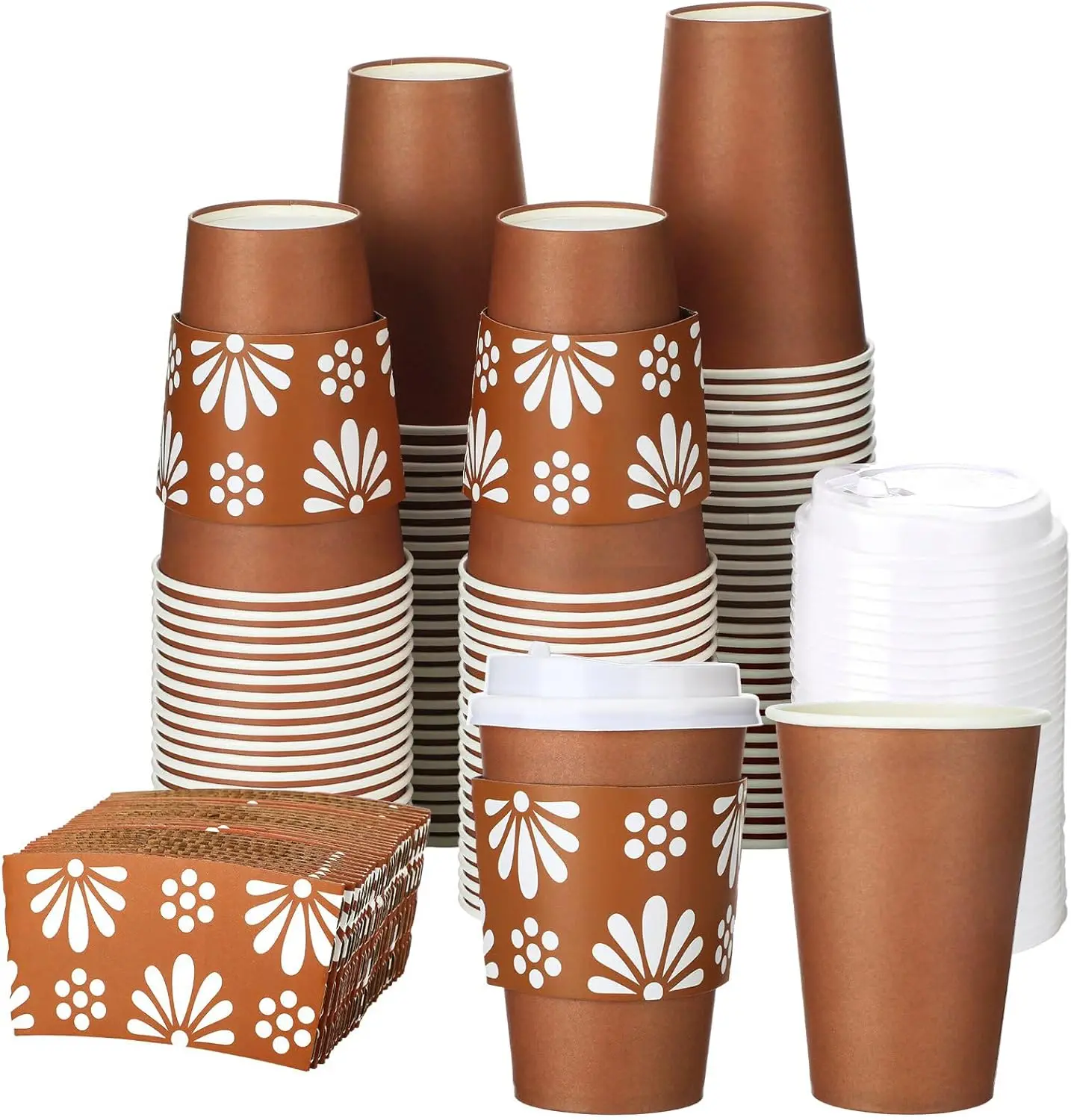 

100 Sets 12oz Cielito Lindo De Barro Mexican Coffee Cups with Lids and Sleeves Terracotta Flower Disposable Paper Cups f
