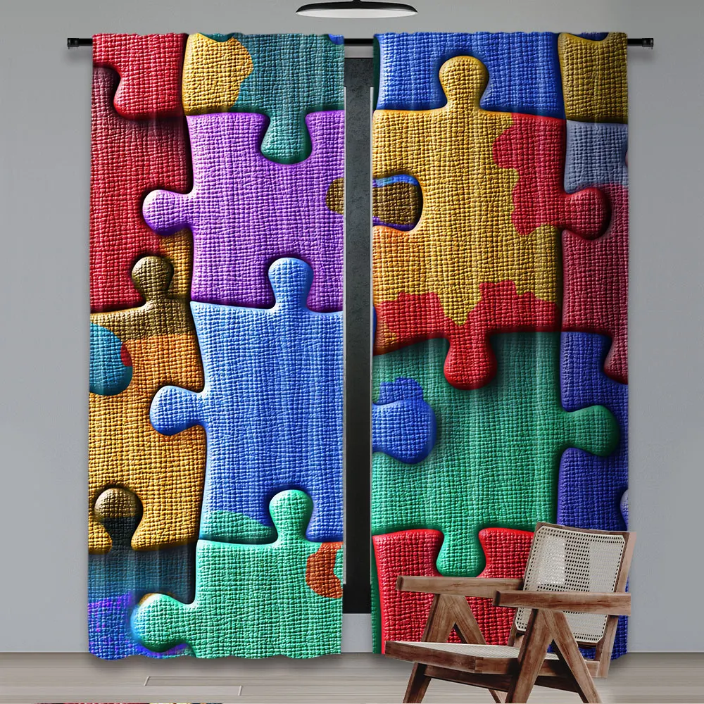 2Pcs Geometric Jigsaw Puzzle Curtain Colorful Patchwork Square Puzzle Curtain For Bedroom Living Room And Dining Room