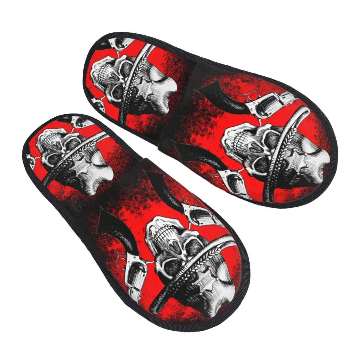 Winter Women Men Non-Slip Flat Slippers Skull Wearing Cowboy Hat With Guns Indoor Fur Soft Warm Shoes