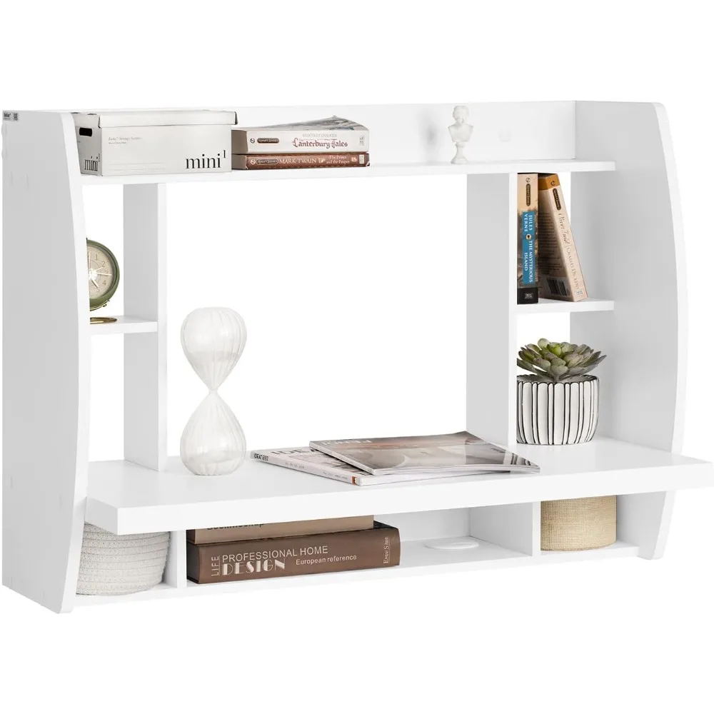 

Wall Mounted Folding Table Home Office Workstation Computer Desk with Storage Shelves Trestle Desk, White FWT18-W