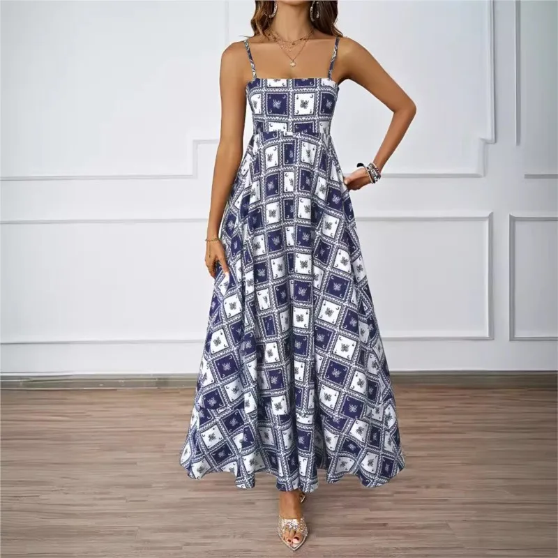 ﻿ 2025 Spring/Summer Fashion New Flower Printed Bareback Strap Sexy High Waist A-line Dress for Women﻿﻿﻿