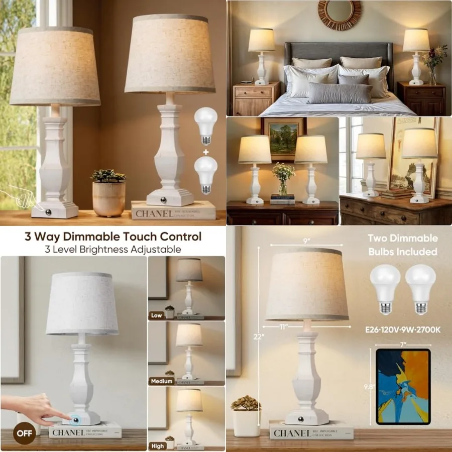 

Dimmable Table Lamps Set of 2, Rustic Farmhouse Table Lamps for Living Room Bedroom, Bedside Desk Lamps for end Tables, Touch L