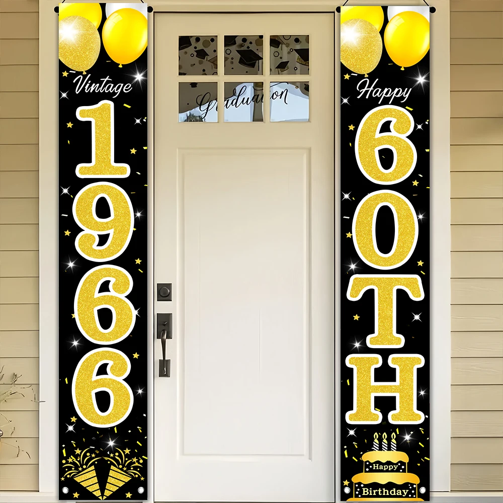 Schwarz-Gold Retro 60. Geburtstag Türschild-Set, Vintage 1966 Themenbanner „Prost auf 60 Jahre“ für die Veranda mit Ballon- und Kuchenmotiven – Detail 8