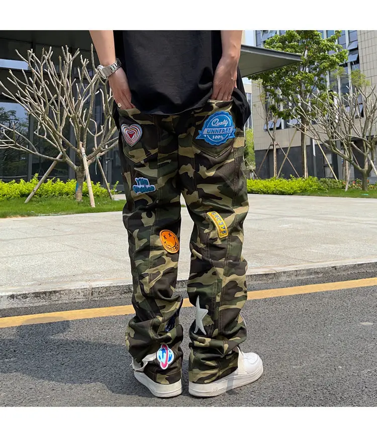 High Street Camouflage Patch Bestickte Jeans männer Flut Marke Amerikanischen Straße Hip-Hop Lose Gerade Beiläufige Overalls Trendy