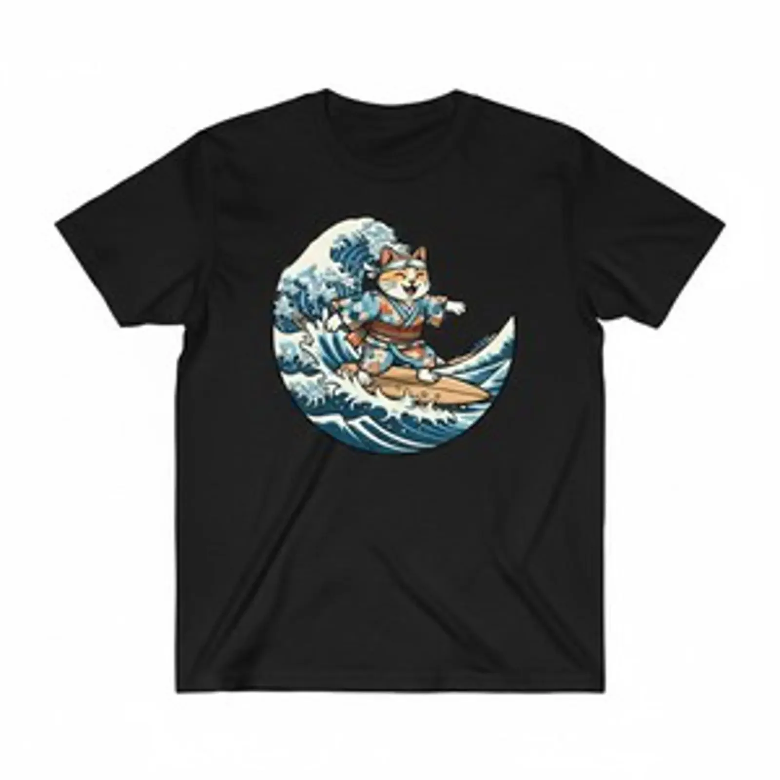 Herren T-Shirt Katze Surfer Japan Welle Kanagawa Anime Motiv Geschenk Vintage Washed Unisex Stretch Vielseitig Grafik