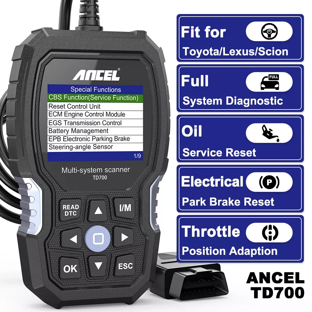 

Ancel TD700 OBD2 Scanner All System Fit For TOYOTA CAMRY LEXUS COROLLA Reader Transmission TPMS Relearn ABS Engine