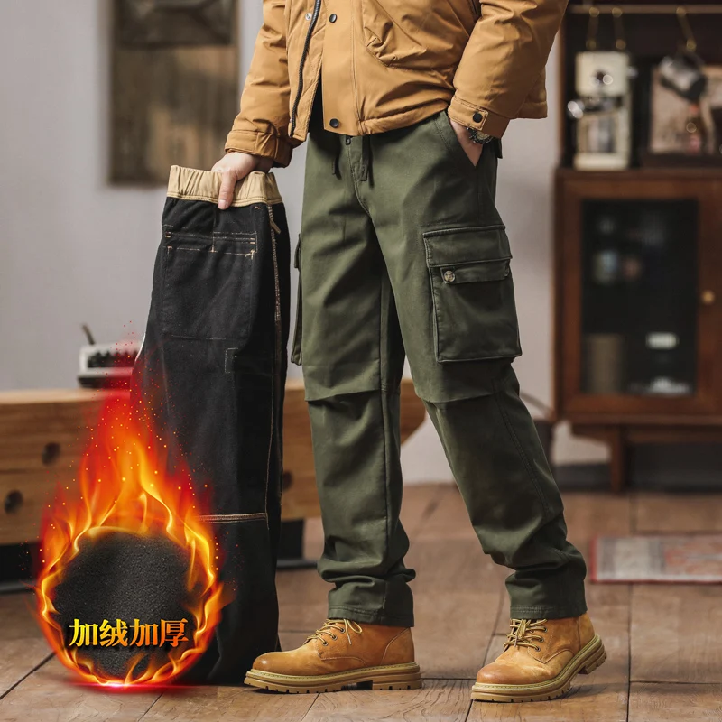

Мужские уличные повседневные флисовые брюки из хлопка, осенне-зимние свободные прямые брюки для спецодежды, модные однотонные брюки