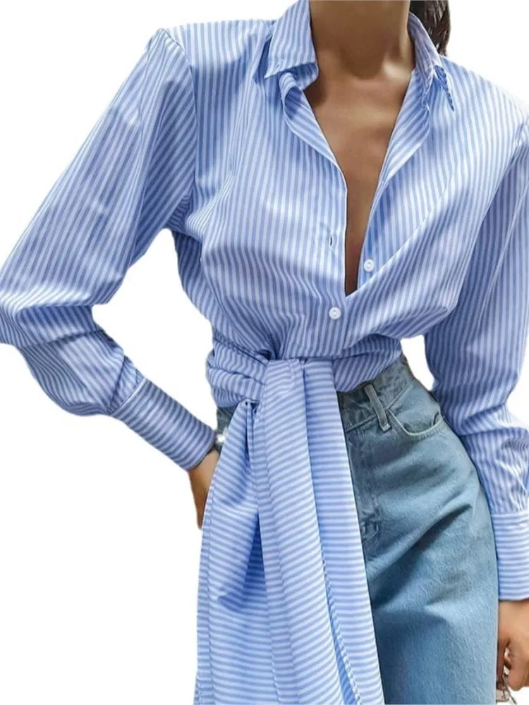 French Style Long Tie Fashion Striped Single Breasted Shirt Spring Autumn Women Wear Long Sleeved Commuting Irregular Short Top