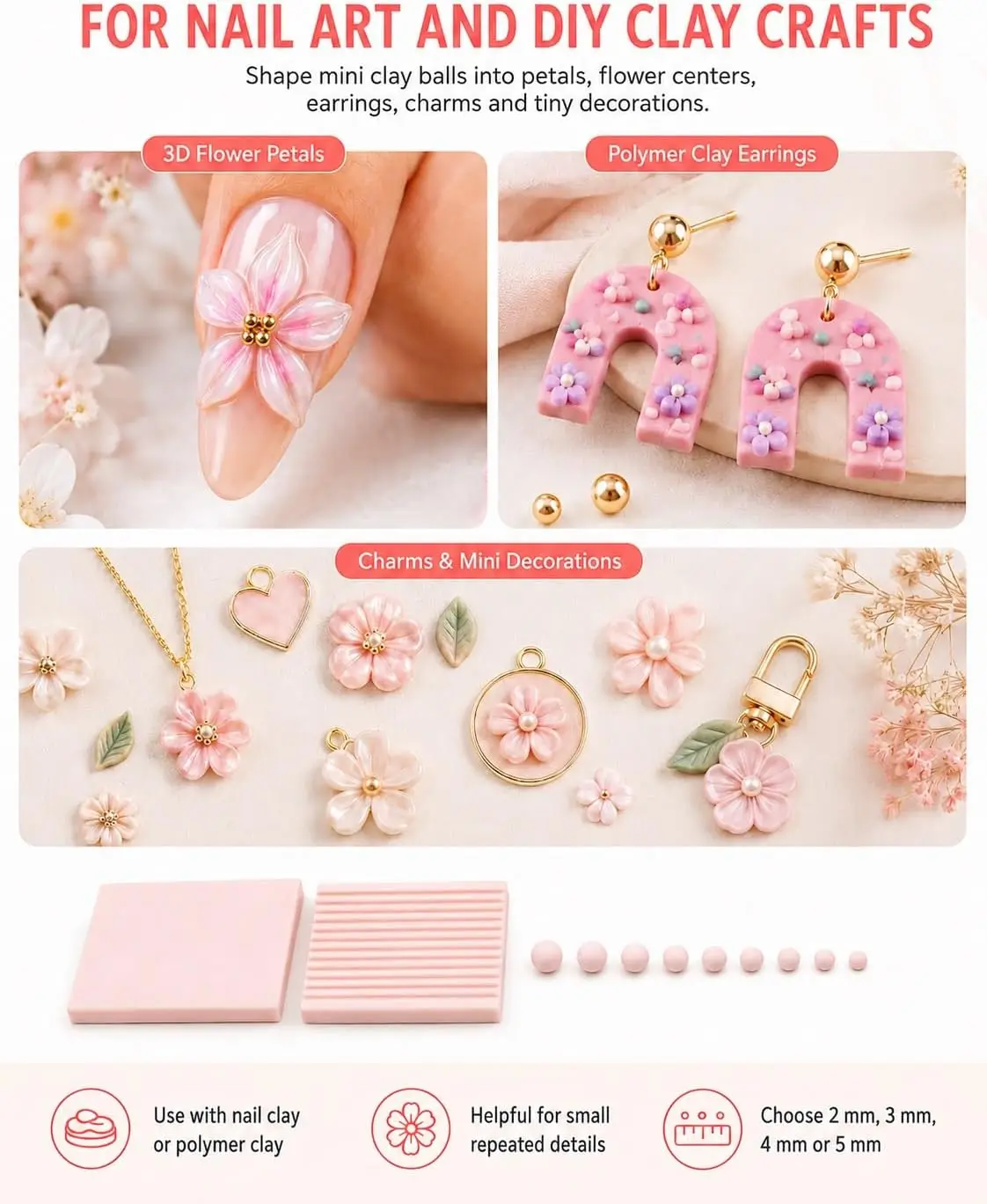 4PCS 3D Print Clay Gel Ball Maker Tool, Nail Art Bead Roller for 3D Gel Flowers | Polymer Clay Roller 2mm 3mm 4mm 5mm view 2