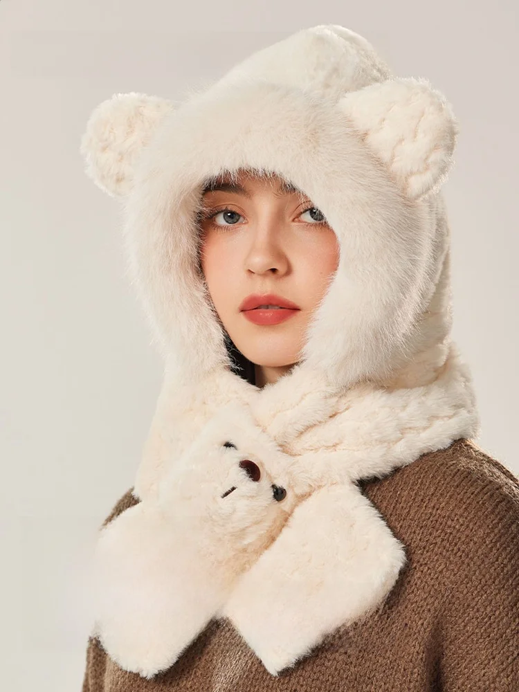 厚手のポーラーフリース製クマの耳付き帽子スカーフ一体型冬用帽子、女性用、暖かい防寒スカーフ、調節可能な丸いトップスタイル