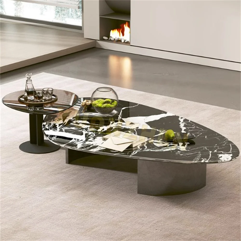 

❁Living Room Furniture Italian Black Center Table Nordic Travertine Coffee Table Set Luxury Modern Marble Coffee Table