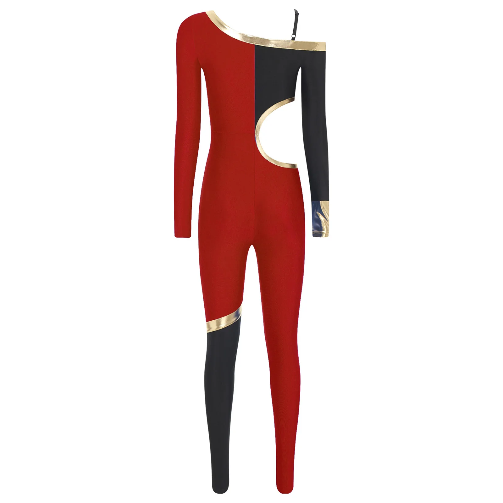 Elegant Women Jazz Jumpsuit One Shoulder Adjustable Spaghetti Strap Dance Leotard Long Sleeve Waist Cut Out Jazz Latin Dancewear