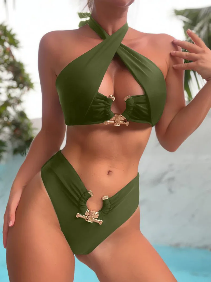 Bañadores de dos piezas para Mujer, conjunto de Bikini Sexy con espalda descubierta y cuello Halter, trajes de baño para playa, Bikini de Tanga para