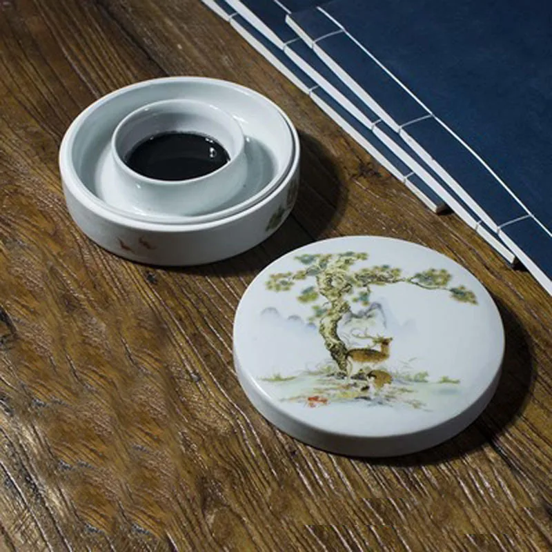 

Pottery Porcelain Multifunctional Inkwell Inkstone with Cover for Chinese Calligraphy Practice