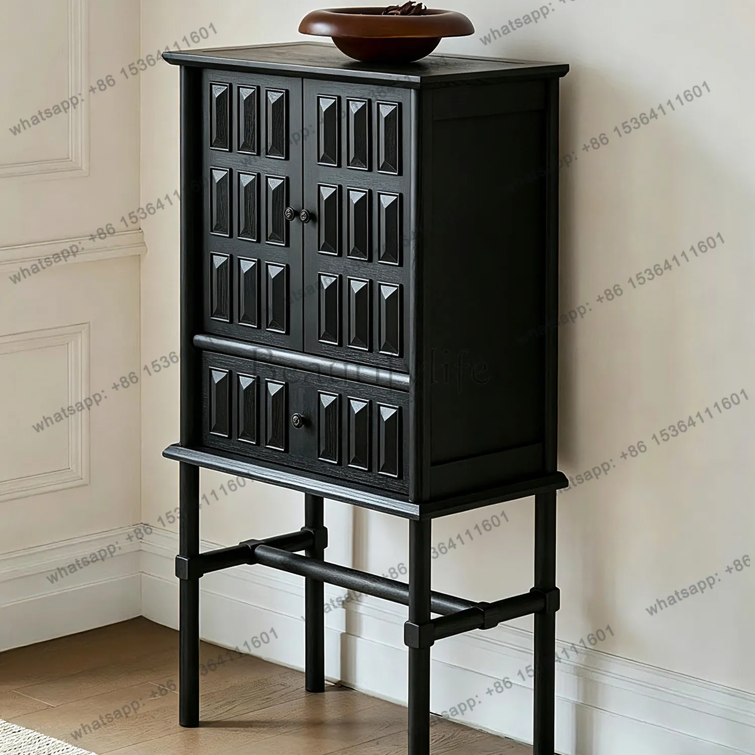 

French retro solid wood living room dining side storage wine cabinet storage home