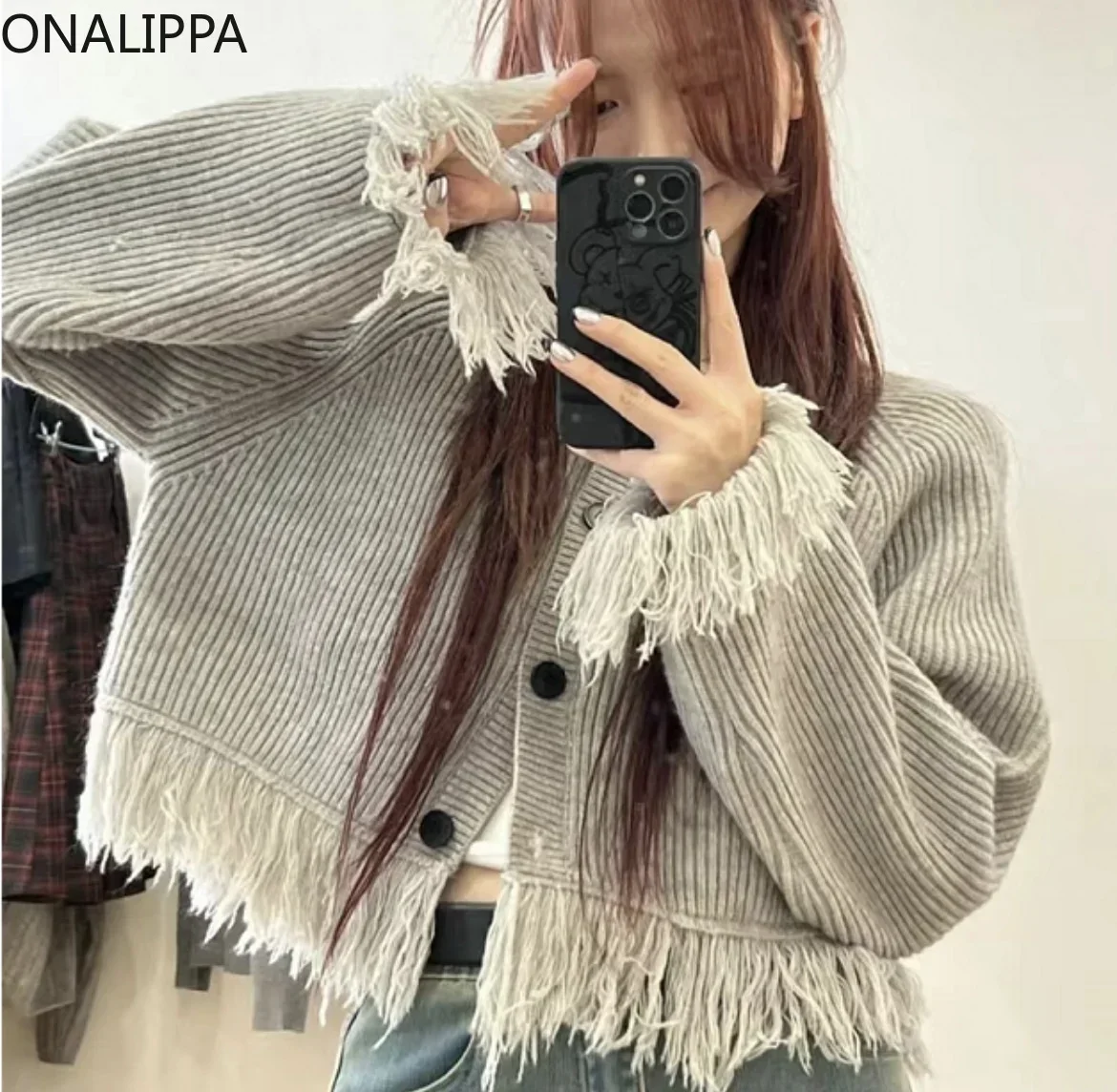 Onalippa Tassel Solid Knitted Cardigans Women Gentle Milk Series Lazy Temperament Sweater Single Breasted Sweet Cropped Cardigan