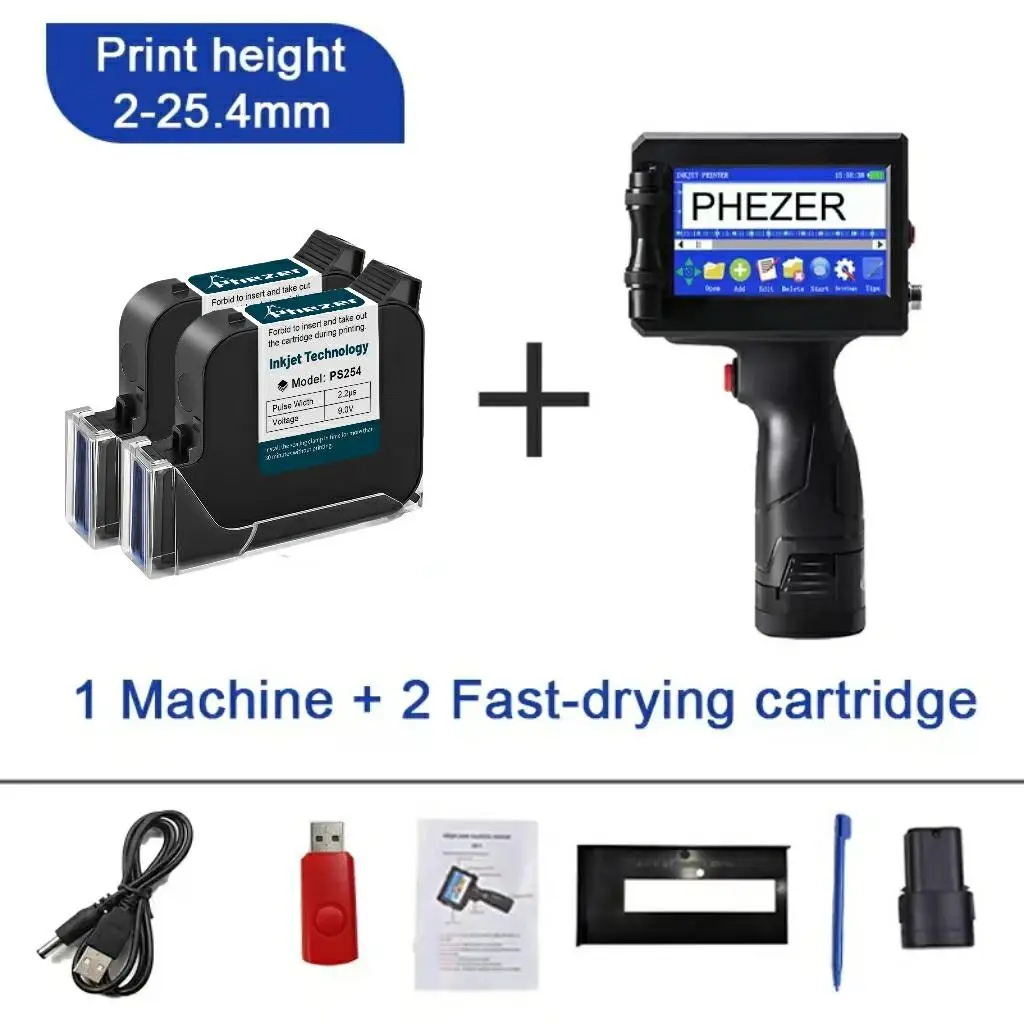 Phezer 12,7/25,4 mm labelprinter Handheld inkjetprinter QR Bar Batchcode Datumnummer Logo Vervaldatum Coderingsmachine Draagbaar - afbeelding 1