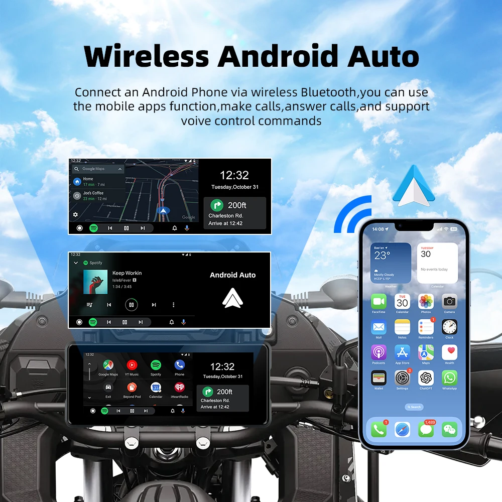 EVKEY -Carplay sans fil pour moto, GPS, Navi, Android, Auto, Avant, Arrière, Touriste, Bluetooth, Caméra, Enregistreur, 7.0