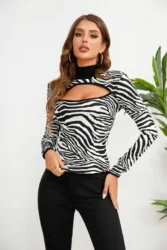 Cutout Zebra Pattern Mock Neck T-Shirt, Casual Long Sleeve Top For Spring & Fall, Women's Clothing