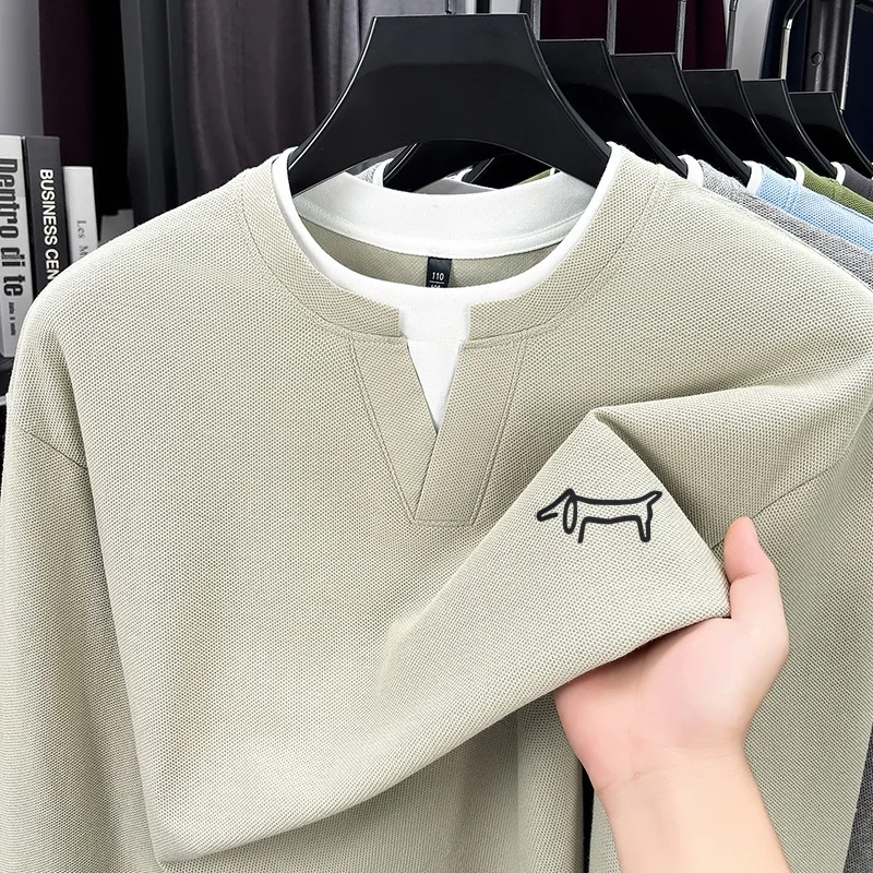 Advanced Buttonless O-Neck Long Sleeved T-Shirt New Style Cotton Autumn Solid Fake Two-Piece Tops Fashion Casual Men's Clothing