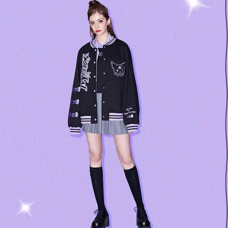 Anime Kuromi Girls Y2K Baseball Jersey Sanrioed Cartoon Women Black Retro Clothes Girls Jacket Autumn Winter Vintage Coat Tops