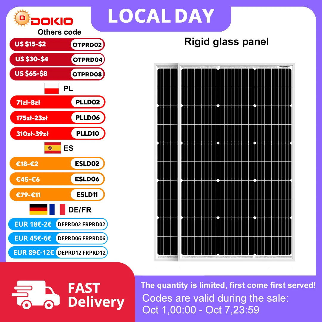 Pannello solare rigido DOKIO 18V 100W 200W Cina Pannello solare impermeabile monocristallino che carica 12V # DSP-100MX2 Campeggio/Casa/RV