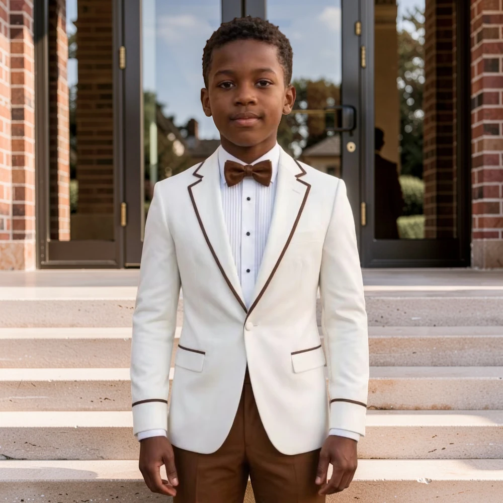 White Boy Suits for Wedding Notch Lapel Piping Details Formal Slim Fit 2 Pieces Classic Child Suit for Prom Party Fashion 2026