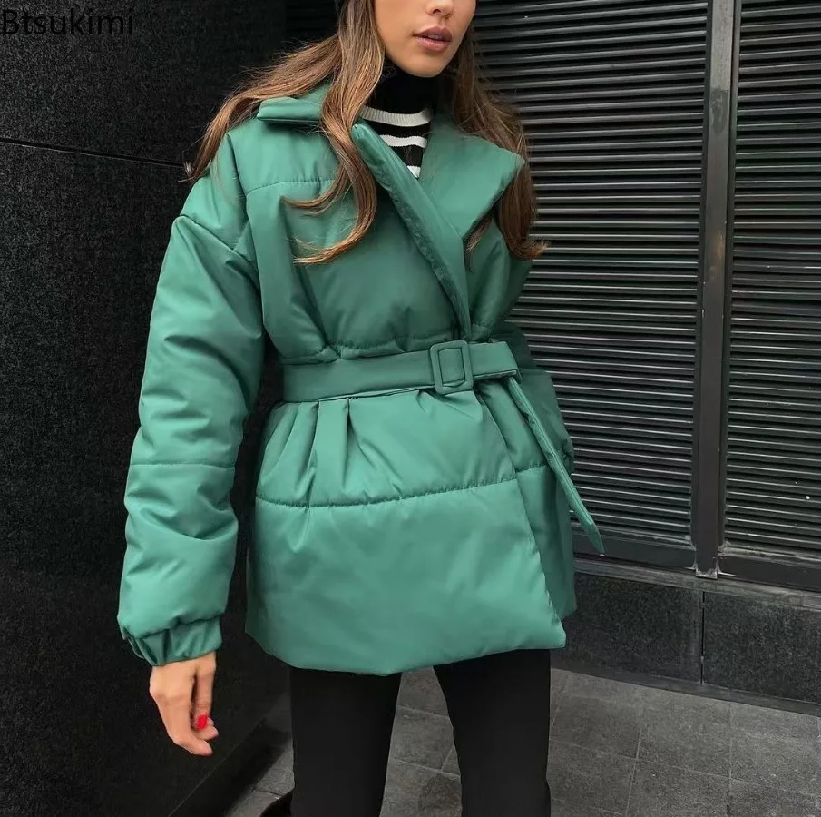 

Winter Women Puffer Coat with Belt Fashion Turn-down Collar Long Sleeve Female Warm Quilted Jacket Loose Lace Up Ladies Outwear