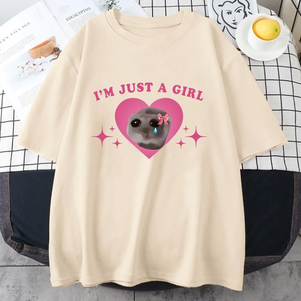 Sad Hamster Tshirt I'm Just A Girl Cartoon Printing Tee-shirt Casual Short Sleeve Summer Tshirts Cotton High Quality Girls Tees