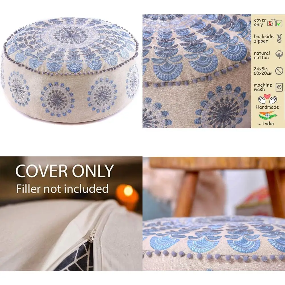 

Blue Round Floor Pillow Cover - Indian Decorative Accent for Meditation, Living Room, Bedroom, Nursery, or Yoga