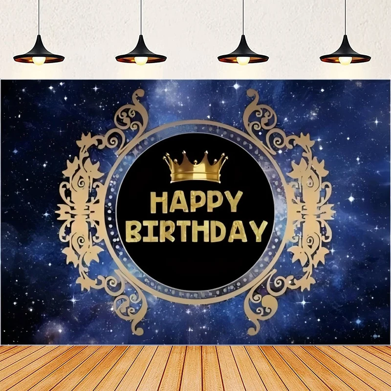 

Photography Backdrop Happy Birthday Royal Blue Crown Gold Glitter Balloons Champagne Newborn Children Theme Party Photo Booth