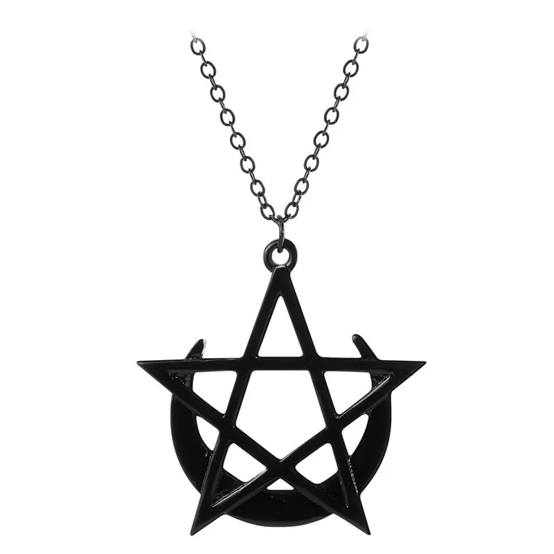 Punk Gothic Black Hollowed-out Five-pointed Star Crescent Moon Pendant Necklace for Women Halloween Party Jewelry Gift