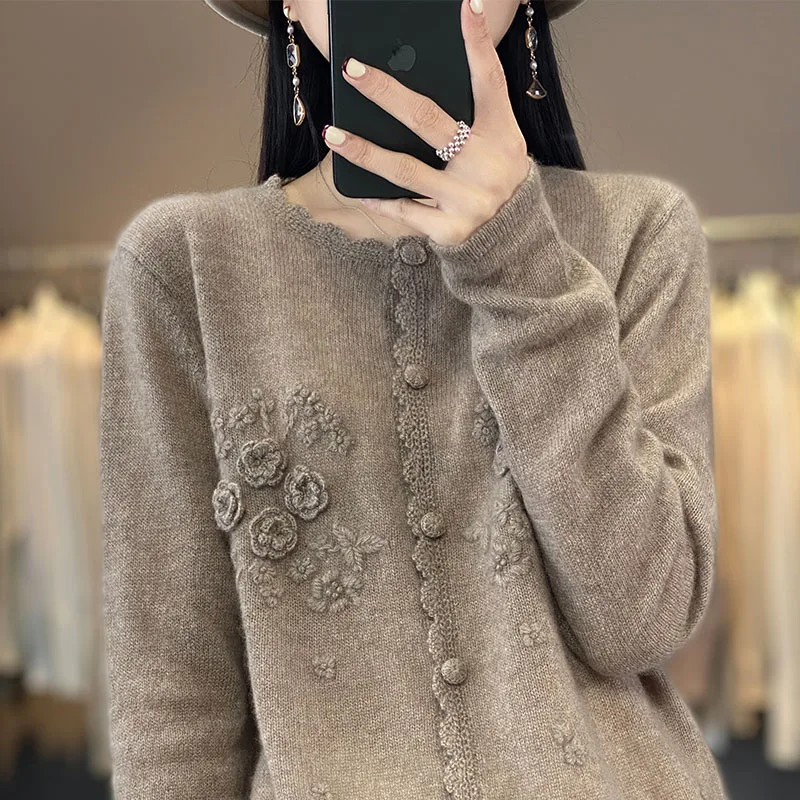 Pure Cashmere Women Sweater Autumn Winter New Lace Round Neck Cardigan Fashion Embroidery Casual Knitted Soft Jacket Tops