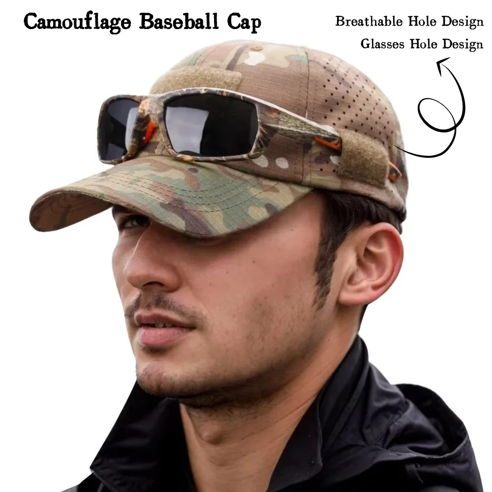 Camouflage Tactical Baseball Cap Velcro Patch Glasses Hole Men Outdoor Sports Hiking Fishing Hunting Summer Sun Visor Hat view 4