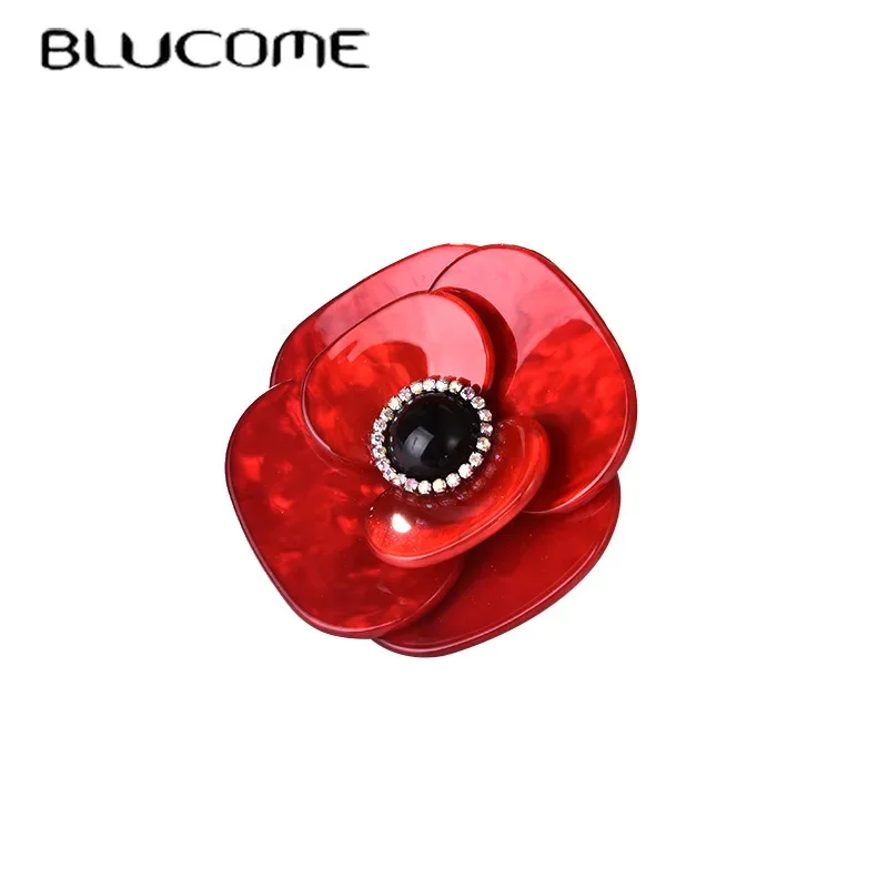 Blucome Acrylic Red Flower Brooches Corsage Crystal Black Bead Brooch Hijab Pins Gold Color Collar Clip Women Men