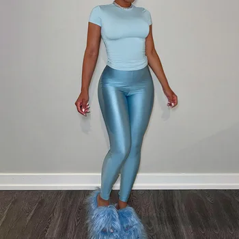 Chándales lisos para mujer, camisetas de manga corta y pantalones de lápiz de cintura alta brillantes, conjunto informal de dos piezas, ropa de calle, otoño, 2024