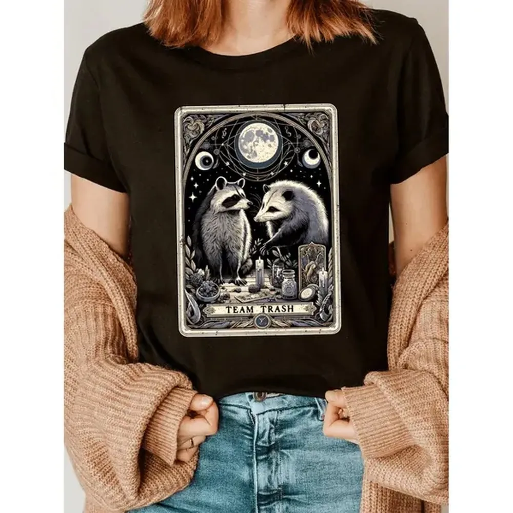 100% Cotton Golf Gift T-Shirt For Men and Women Mystical Women's Goth T-Shirt With Opossum Witchcraft And Raccoon Moon Design In Soft Cotton For Dark Aesthetic Lovers