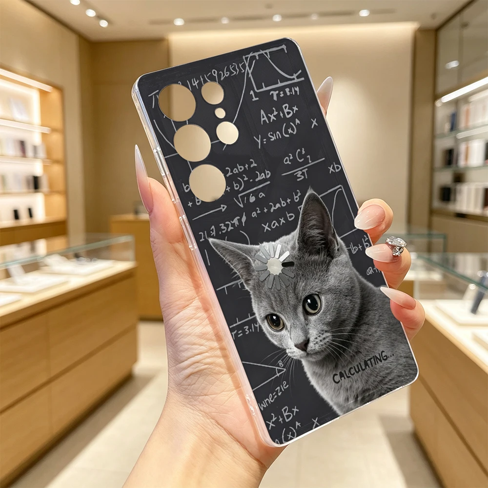 Calculating Cat Phone Case For Samsung Galaxy S26 S25 S24 S23 S22 Ultra FE A15 A16 A25 A35 A54 A55 A56, Anti-Yellow Case